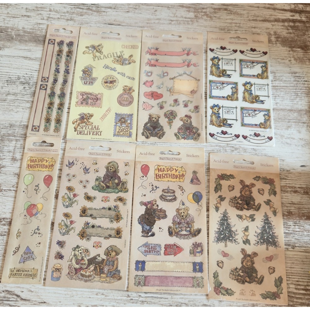 Boyds Bears & Friends Vintage Acid-Free Sticker Sheet Lot of 8 Scrapbooking NEW